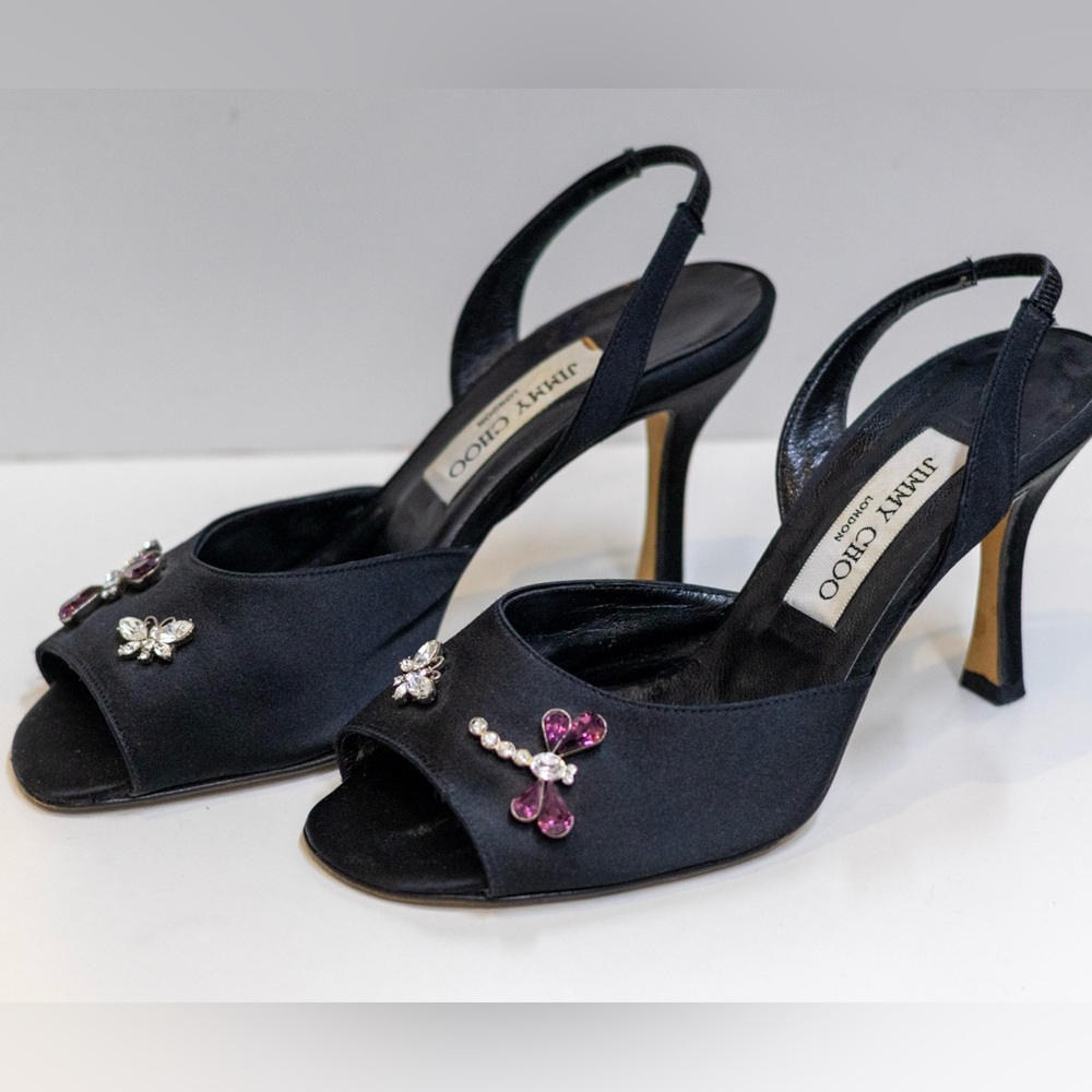 Jimmy Choo Black Satin Slingback Heels with Purple and Silver Accents